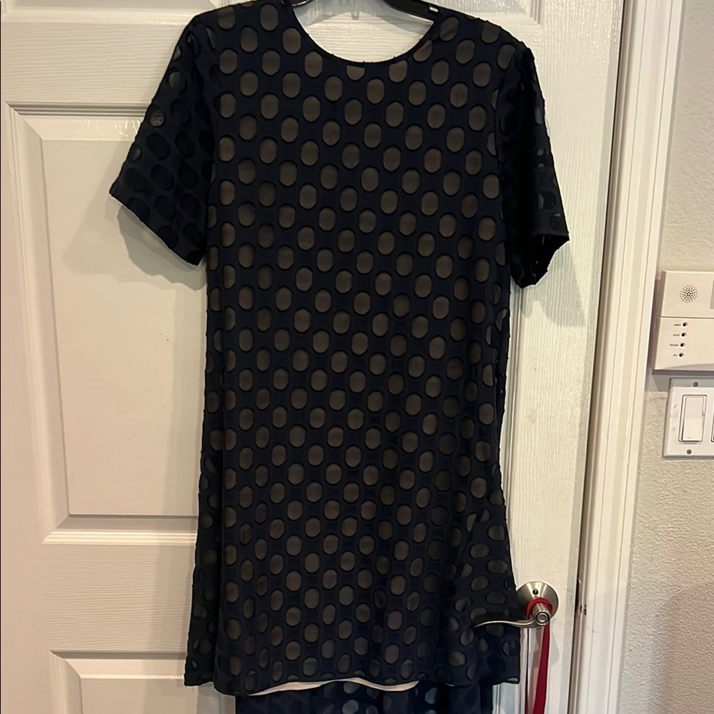 Donna Morgan Navy/Nude illusion Dot Dress Short Sleeve Crew Neck